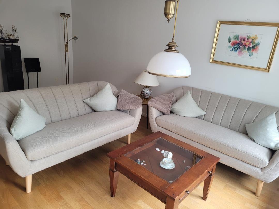 Zwei Sofas mit Kissen, Holztisch und Deckenleuchte im Wohnzimmer.