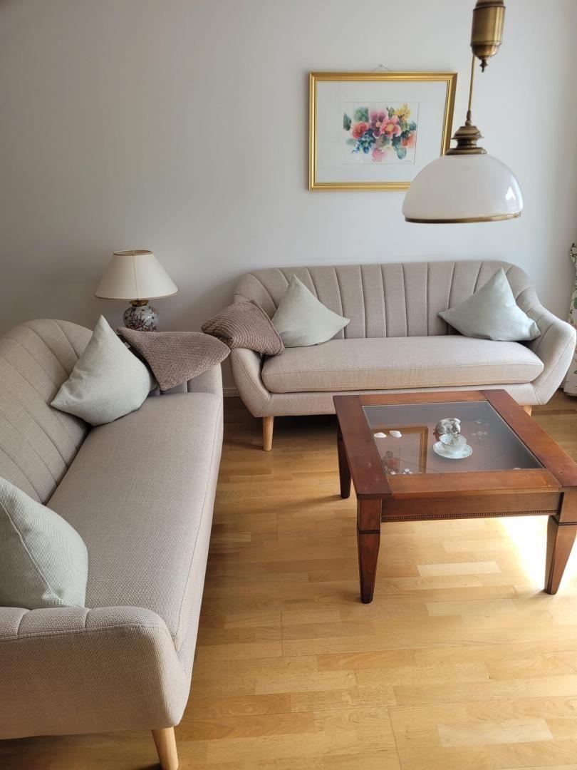 Zwei Sofas mit Kissen, Holztisch und Deckenleuchte im Wohnzimmer.