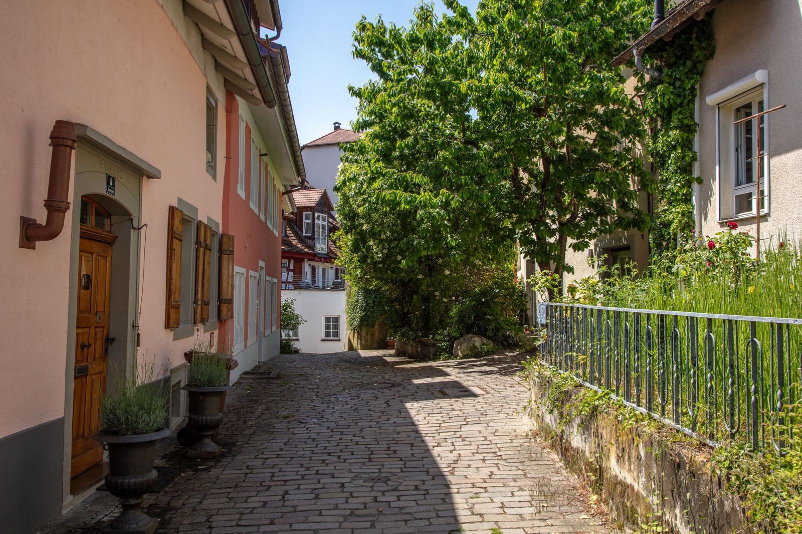 Steinweg zwischen Häusern mit Bäumen und Pflanzen