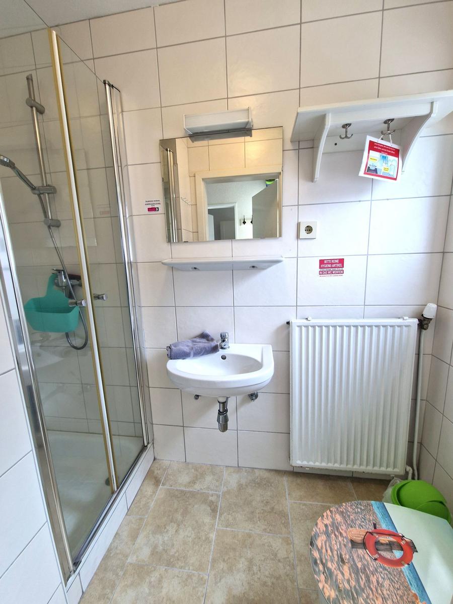 Badezimmer mit Dusche, Waschbecken und Spiegel. Fliesenboden und Heizkörper.