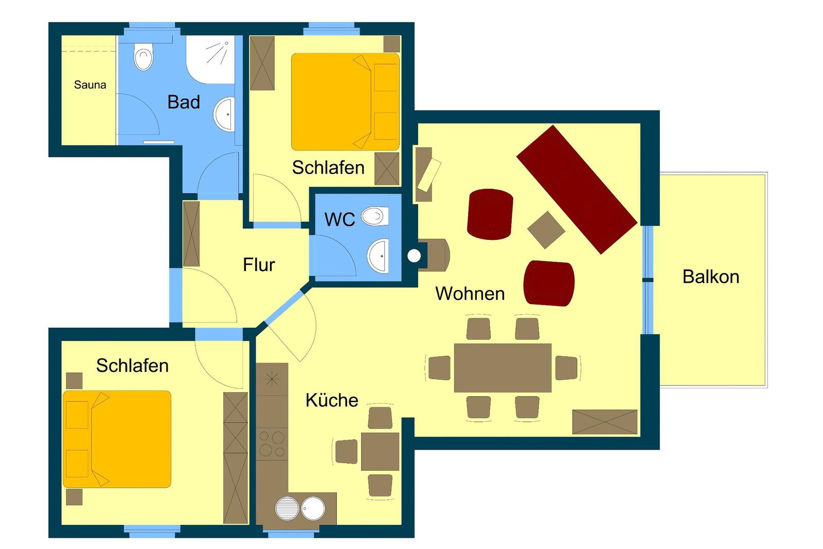 Übersichtlicher Grundriss der Ferienwohnung 10 Seestern mit zwei Schlafzimmern