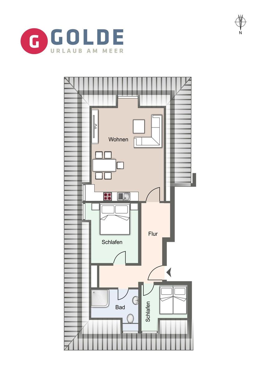 Wohnung mit Wohn- und Schlafbereich, Bad und Flur. Küche und Essbereich im Wohnzimmer.