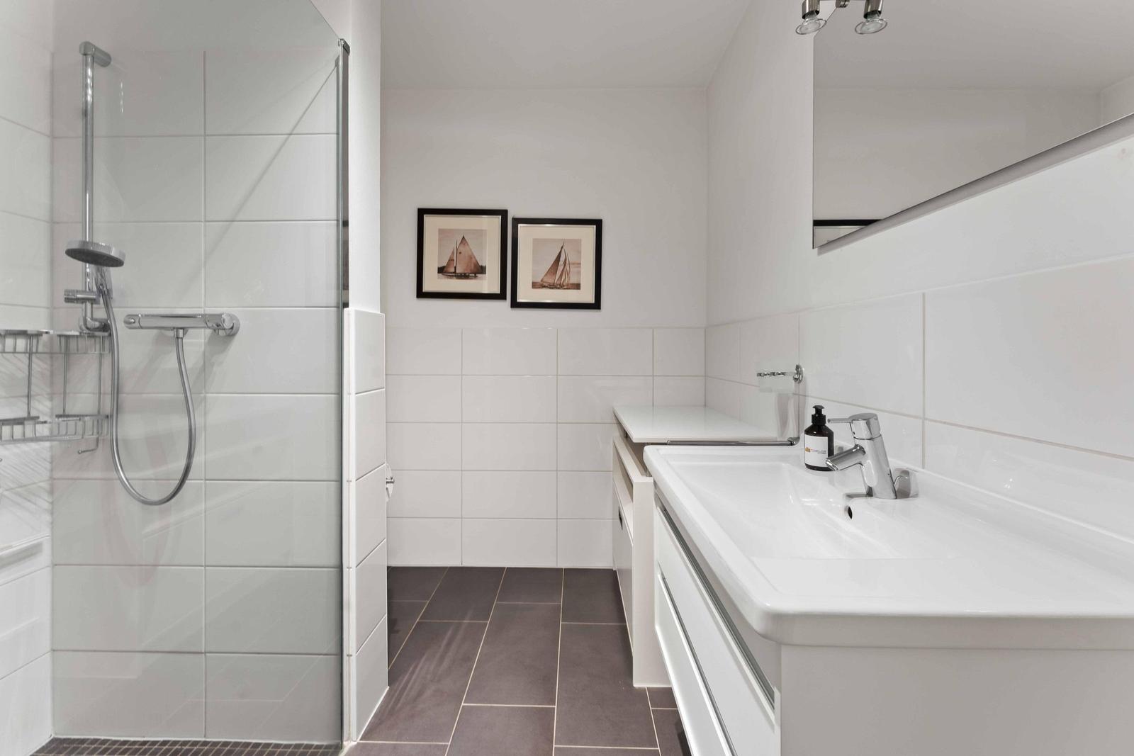 Bathroom with shower, sink, and two pictures on the wall.