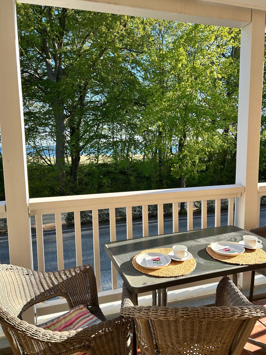 Terrasse mit Tisch und Stühlen, Blick auf Bäume und Wasser.