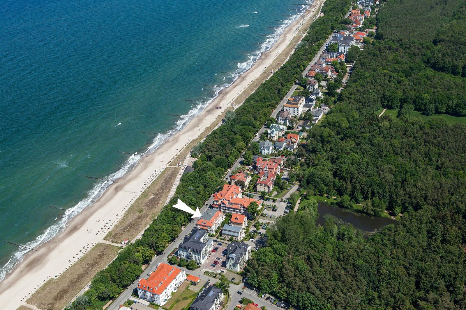 Luftbild von Strand, Wald und Wohnhäusern mit Pfeil zur markierten Stelle.
