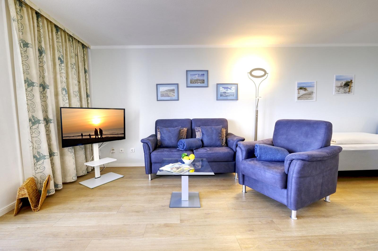 Wohnzimmer mit blauer Couch, Sessel, Fernseher und Wandbildern.