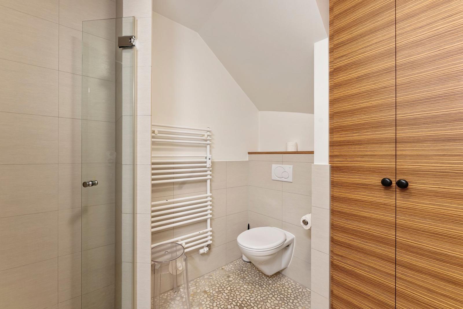 Shower with glass enclosure, toilet, and heater in a bathroom with wooden door.