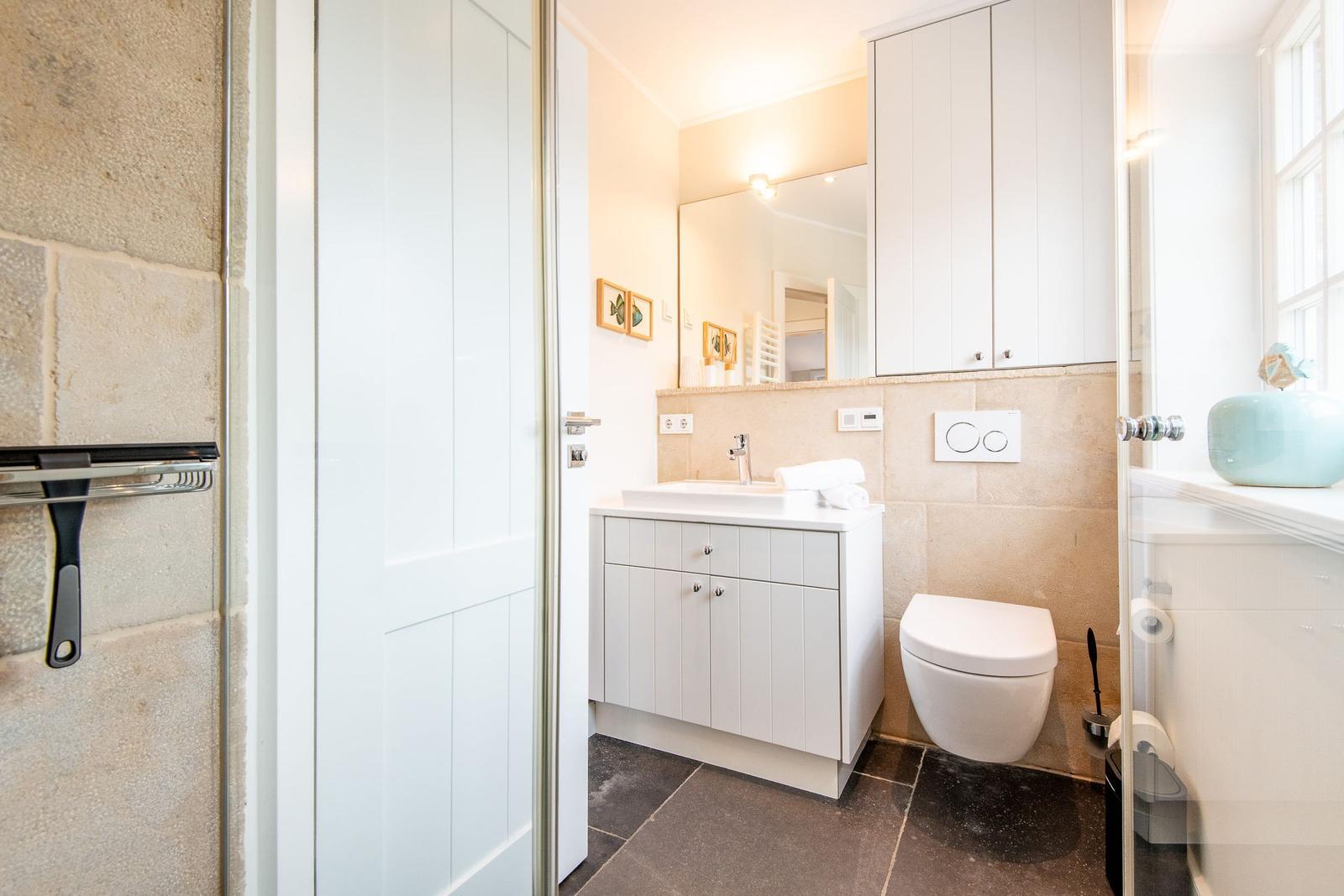 Badezimmer mit Waschbecken, Toilette und Spiegelschrank. Fenster mit Blumentopf.