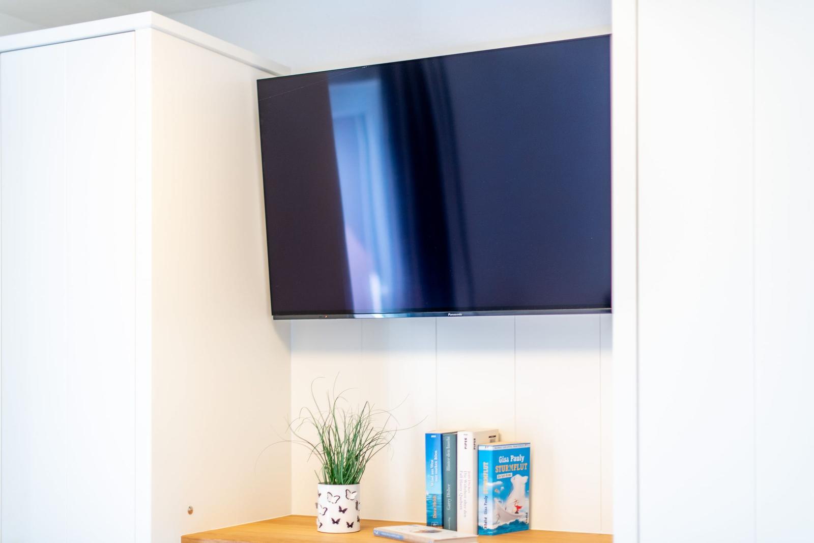 Flachbildfernseher an der Wand, darunter Pflanze und Bücher auf Holzregal.