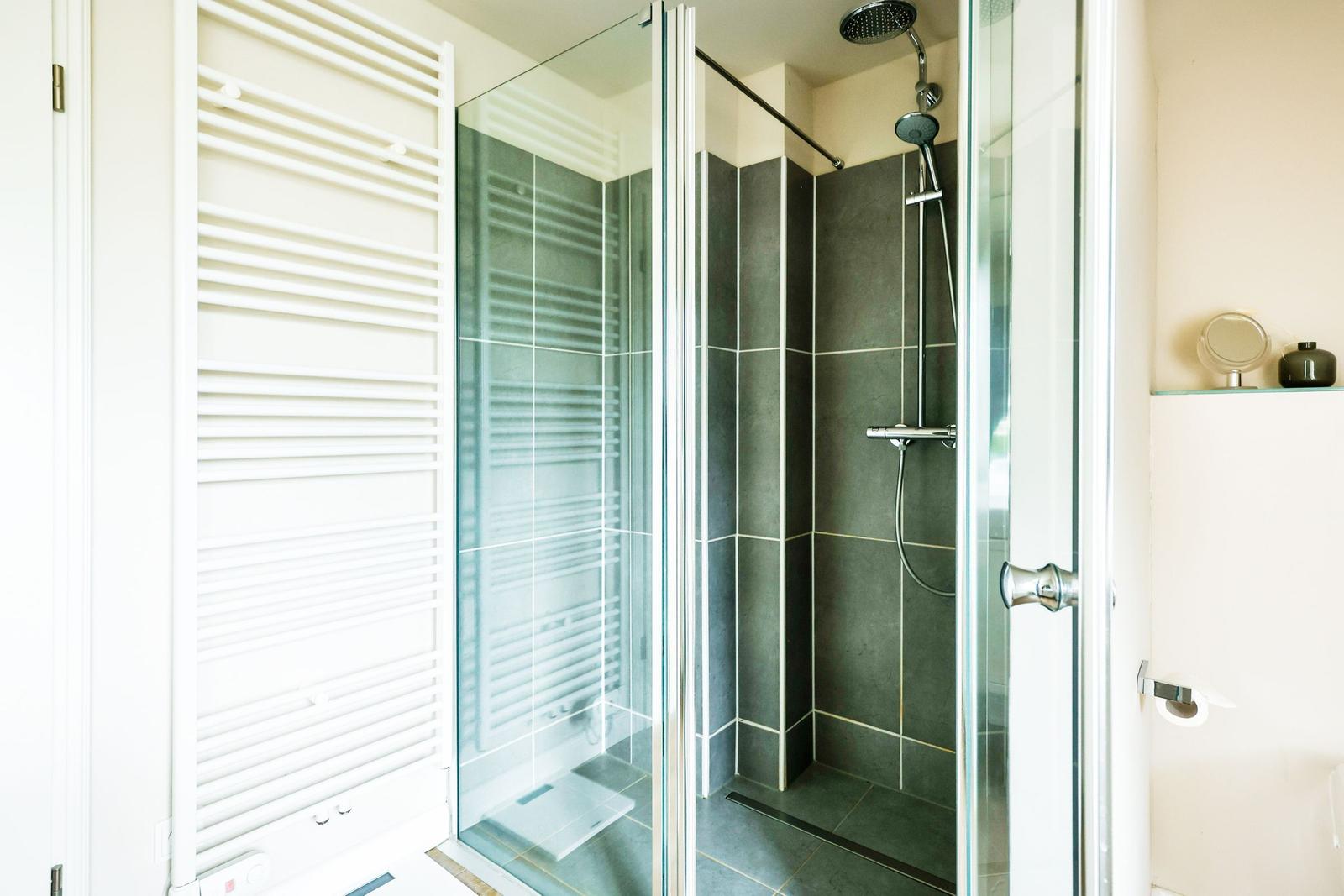 Shower with glass enclosure, dark tiles, and showerhead. Left: heater, right: shelf with mirror.