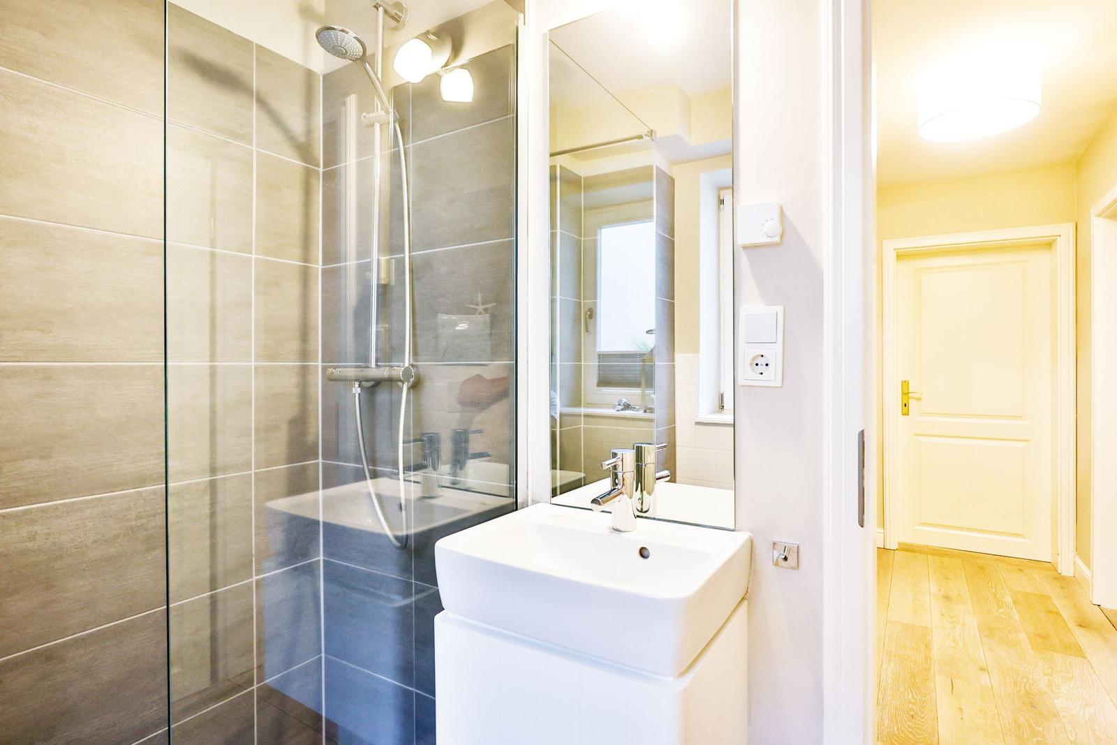 Bathroom with shower, sink, and mirror. Wooden floor and door visible in hallway.