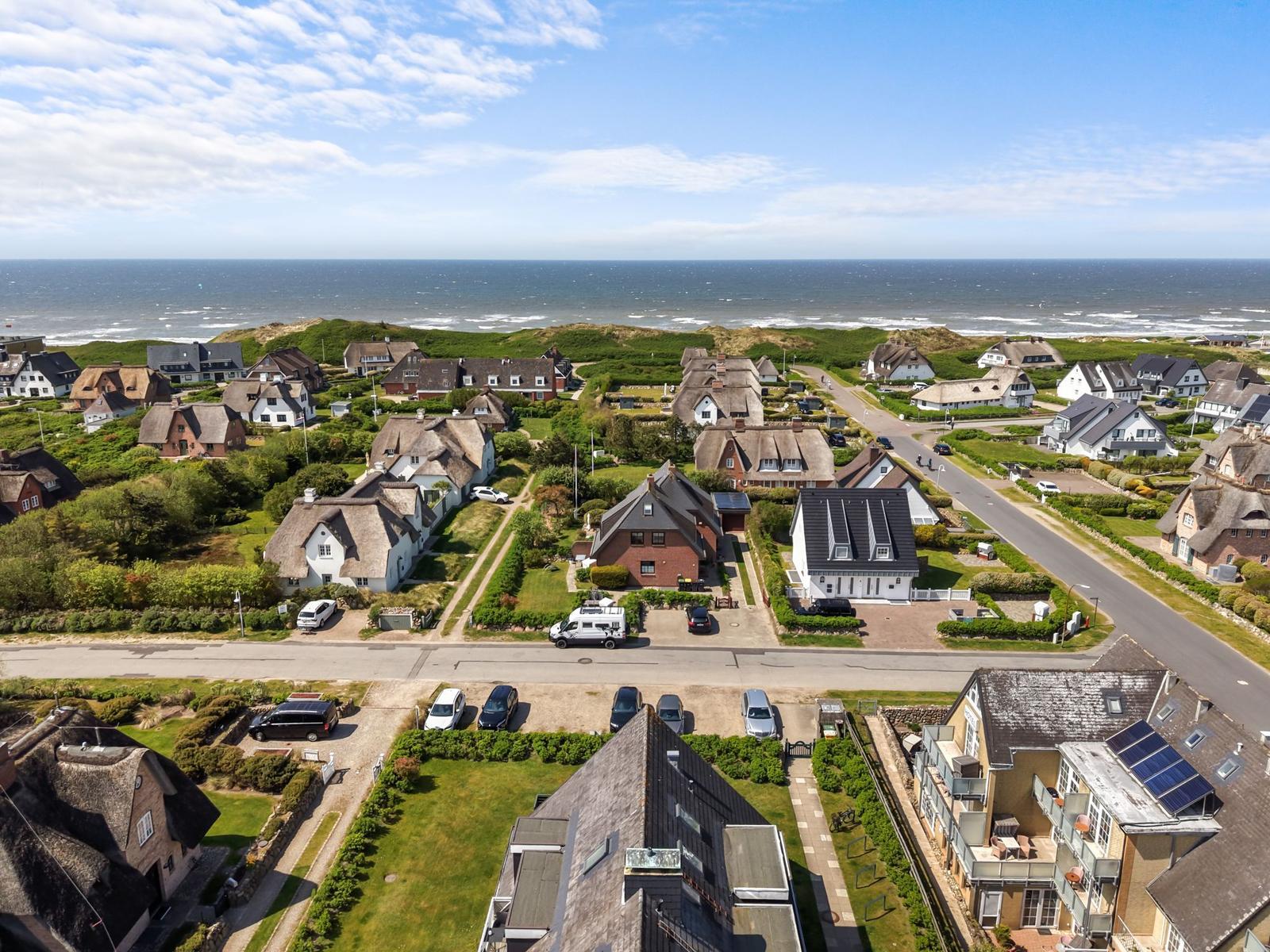 Aerial view of coastal village with thatched roofs, green lawns, and ocean in background.