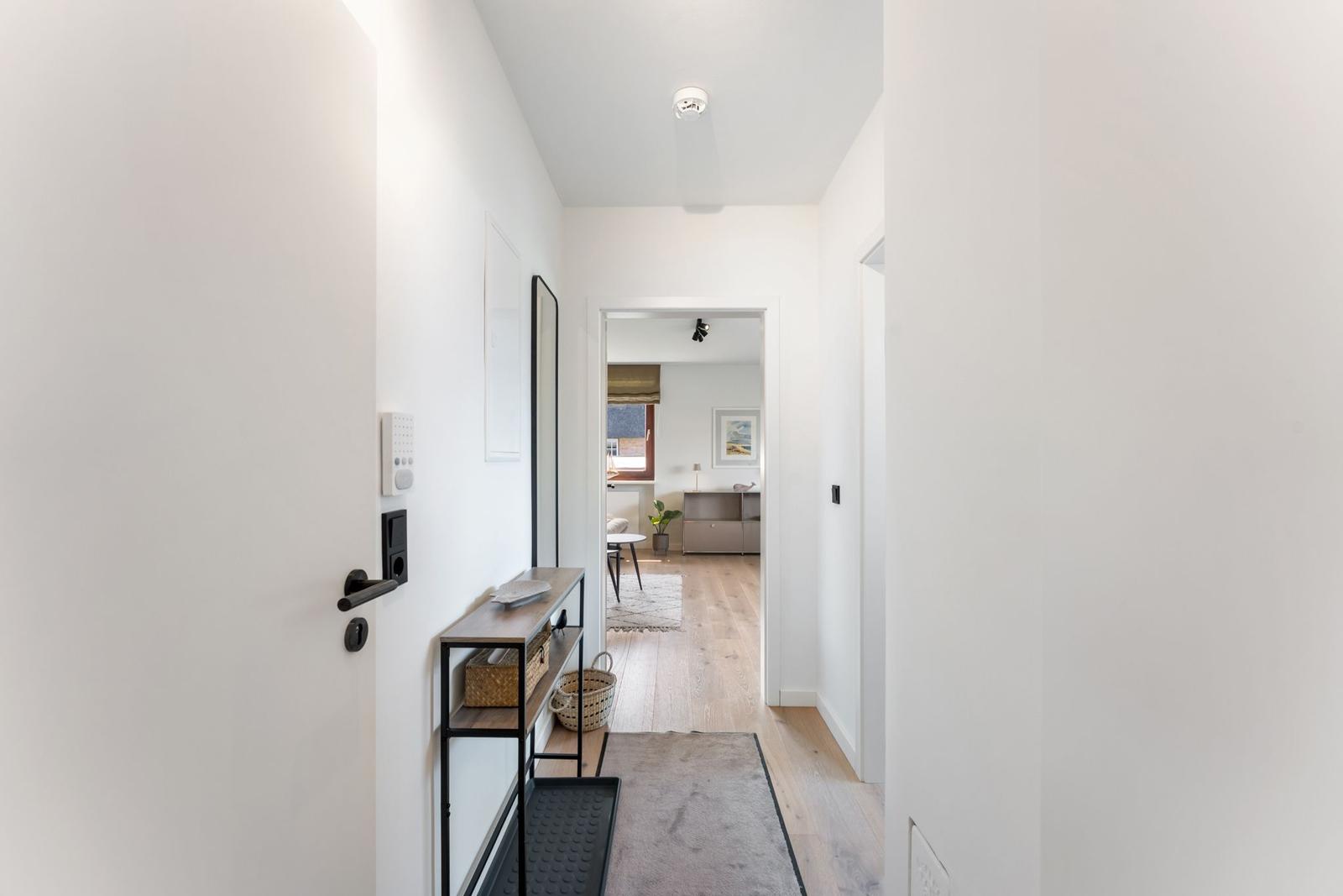 Hallenflur mit Eingangsbereich und Blick in Wohnzimmer.