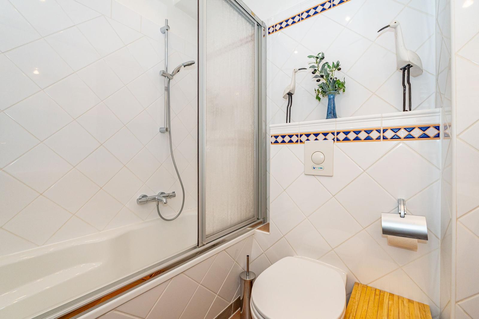 Bath with shower, toilet, and wooden stool. Wall tiles with blue-white pattern.