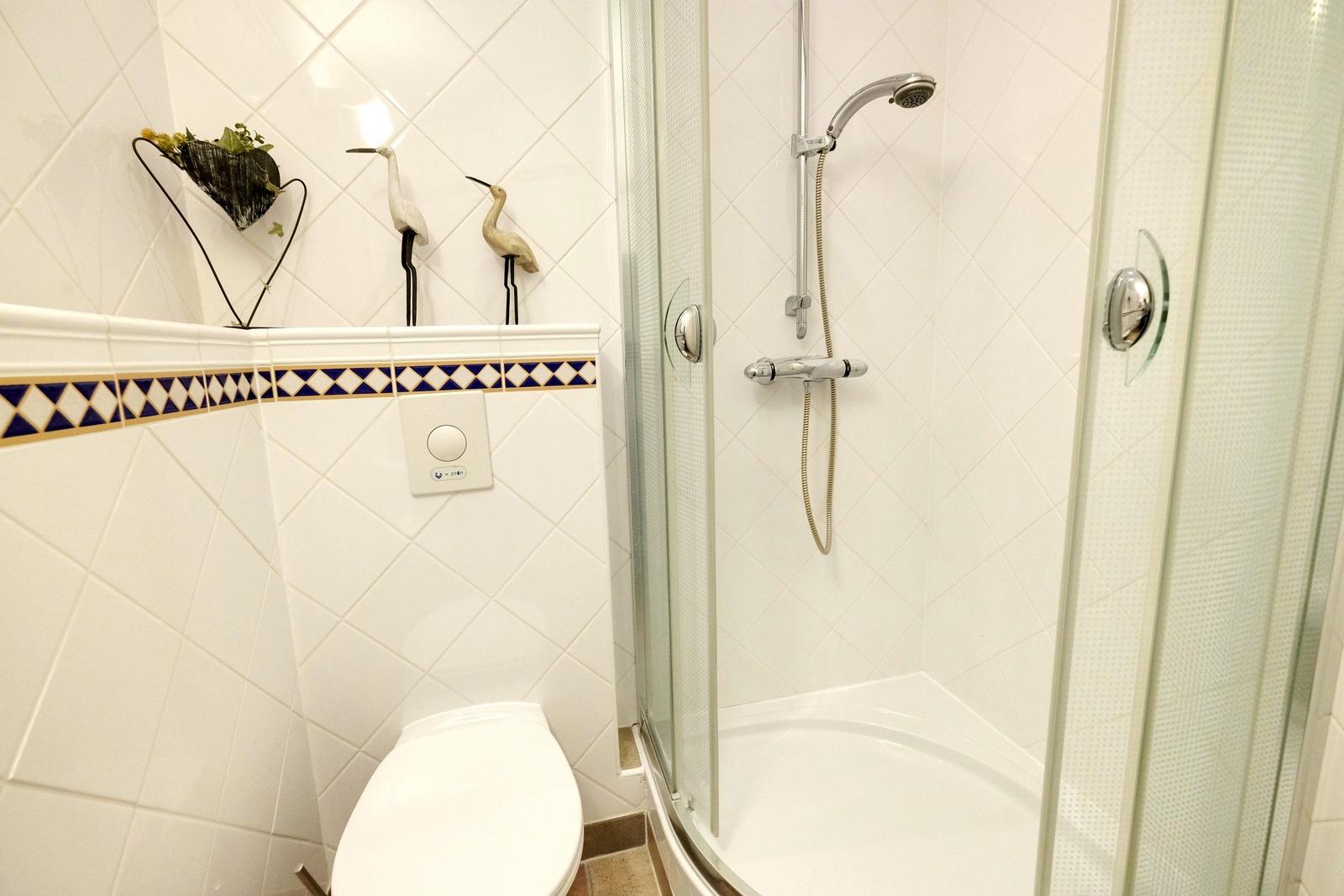 Bathroom with shower, toilet, and wall decor
