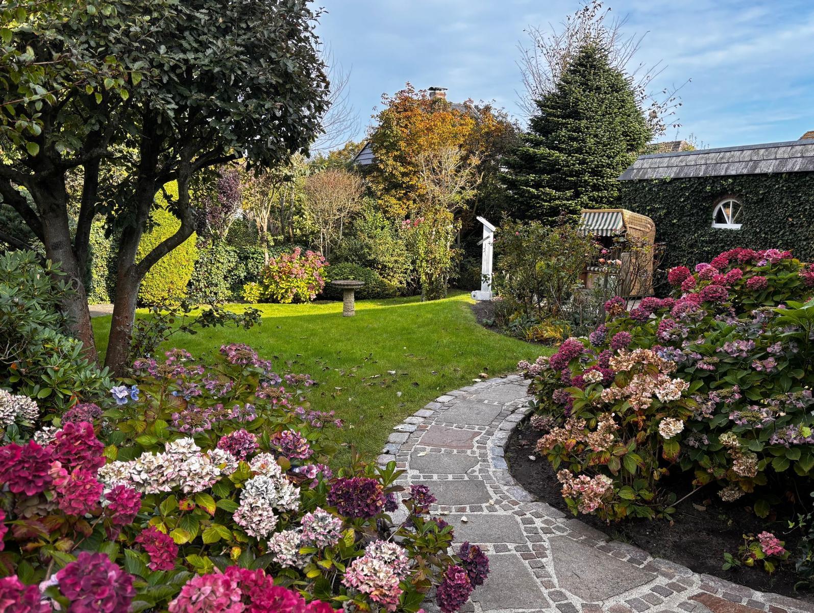 Ein gepflasterter Weg durch einen Garten mit blühenden Hortensien und einem Rasenbereich.