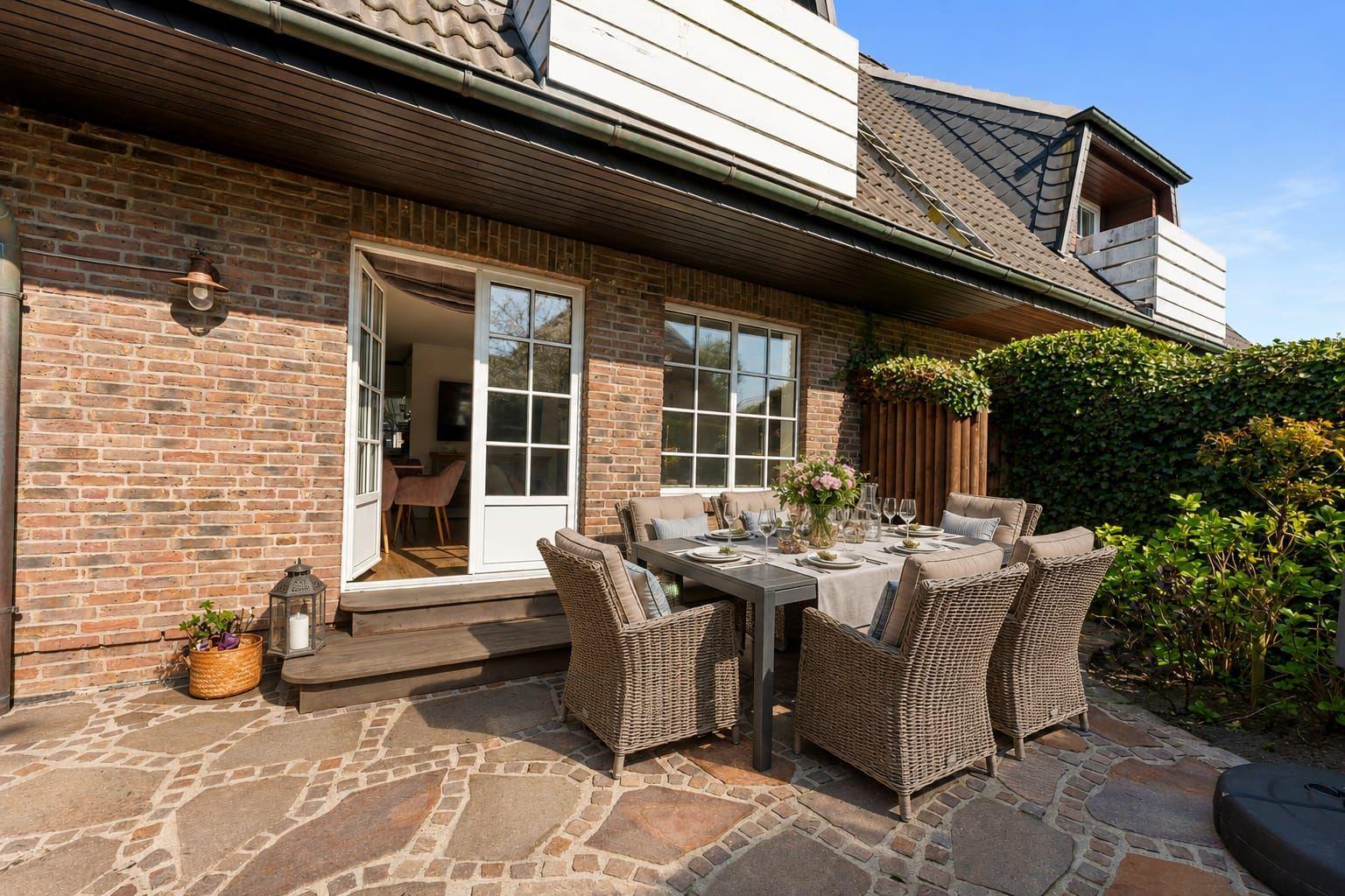 Terrasse mit Esstisch und Stühlen, Steinpflaster, Eingangstür und Hecke