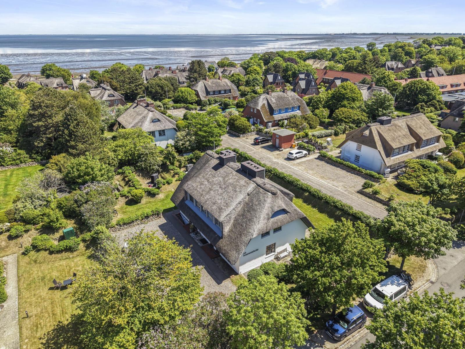 Village with thatched houses by the water