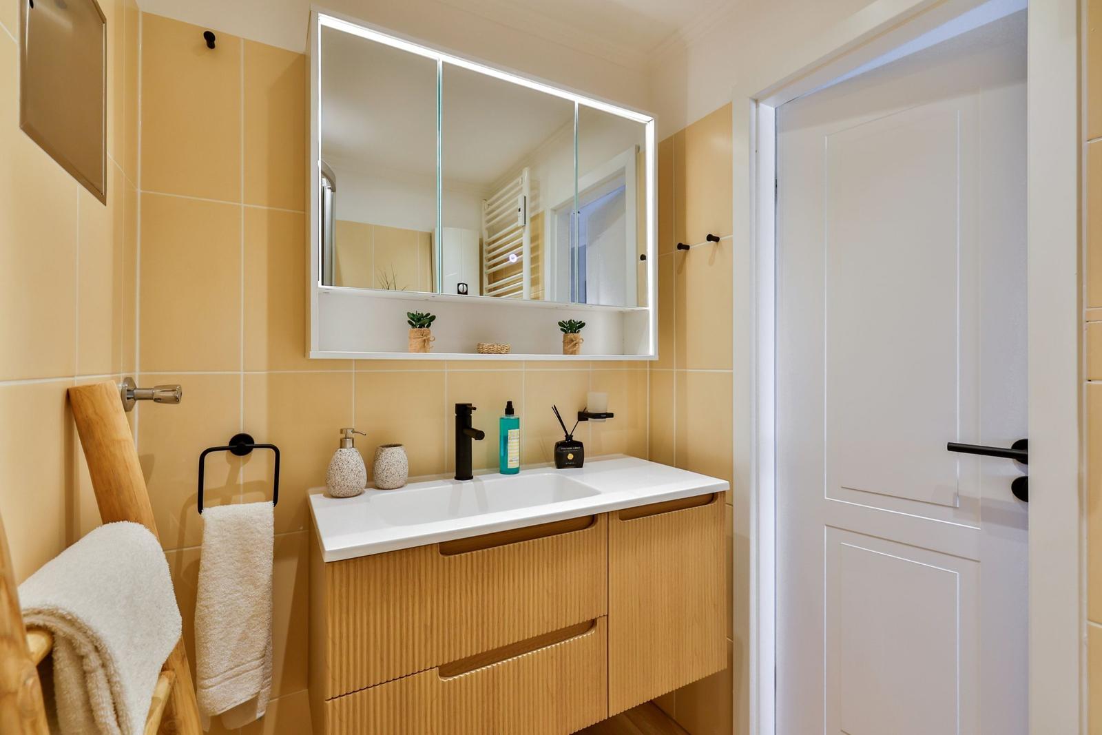 Badezimmer mit Waschbecken, Spiegelschrank und Handtuchhalter.