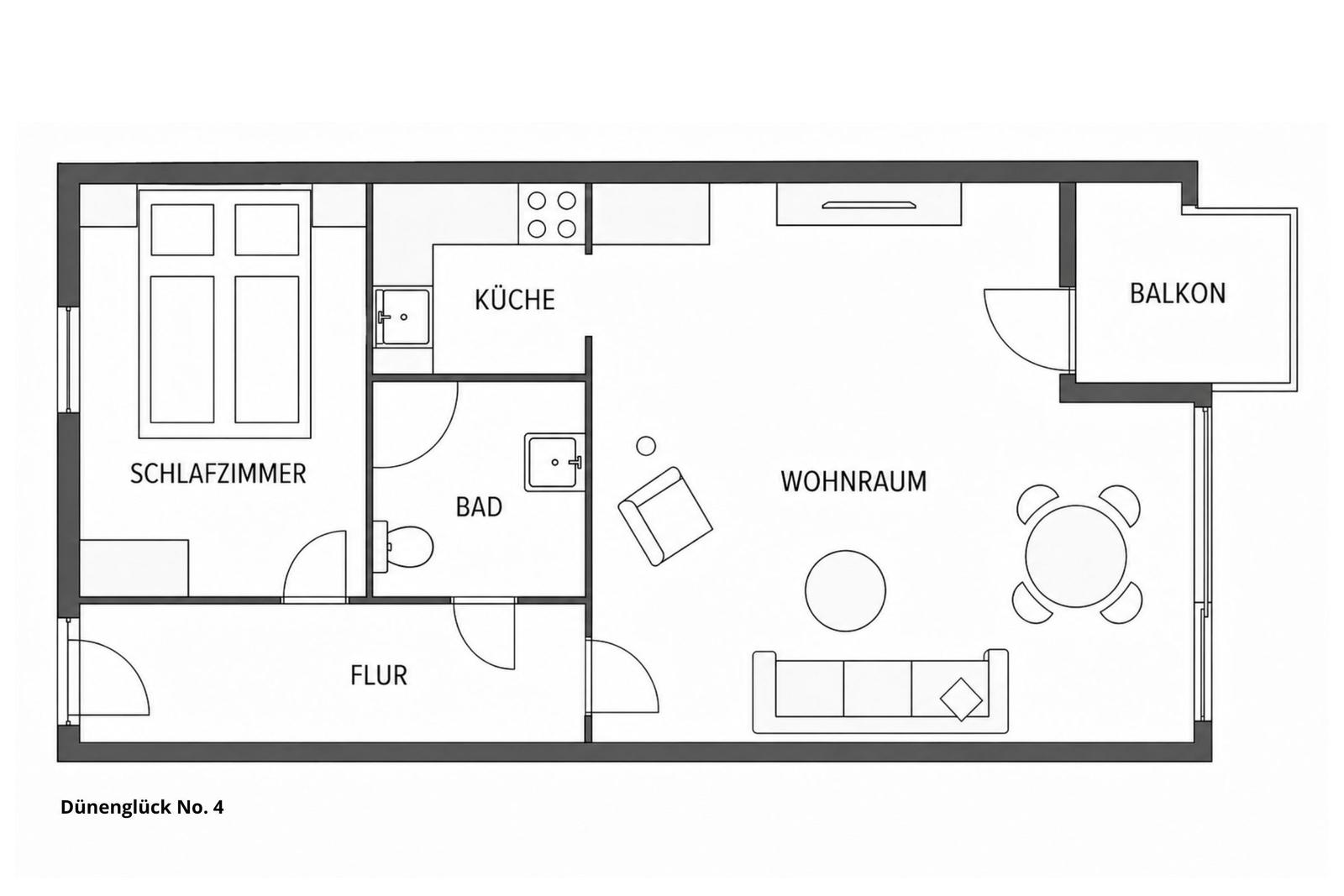 Wohnung mit Schlafzimmer, Küche, Bad, Wohnraum und Balkon.