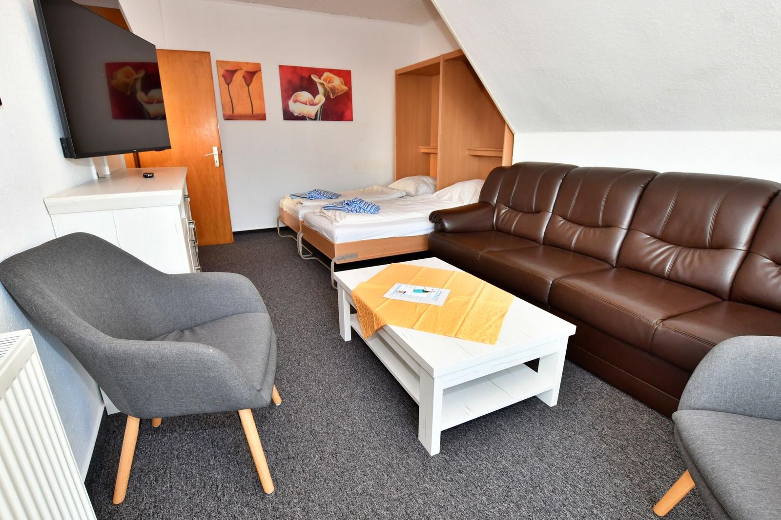 Wohnzimmer mit Sofa, Bett, Fernseher und Tisch.