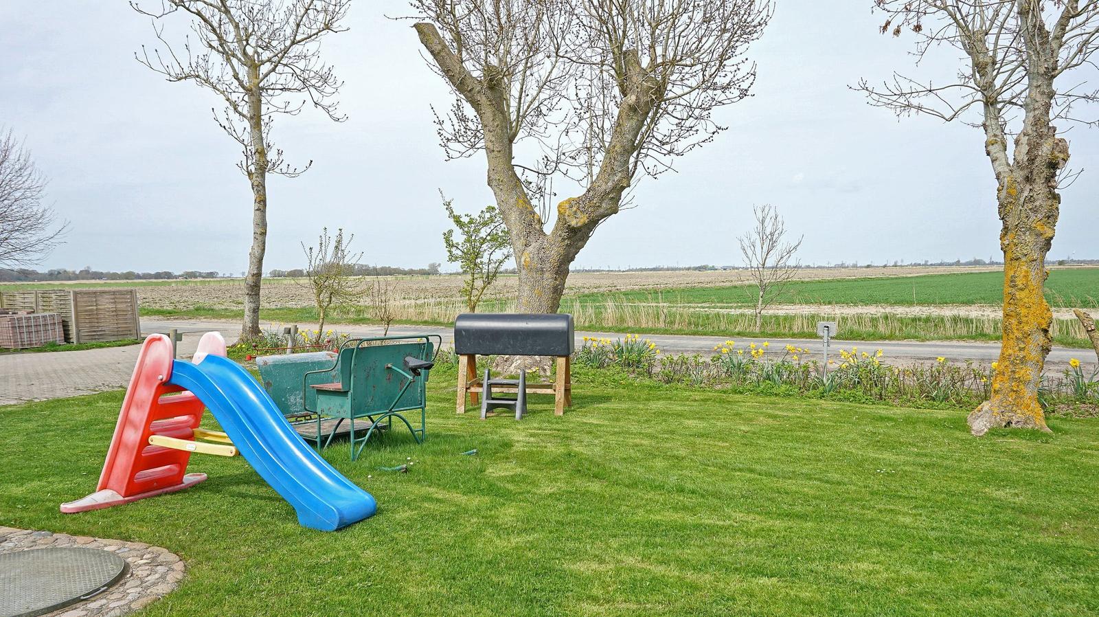 Garden with slide, grill, and trees. Fields in the background.