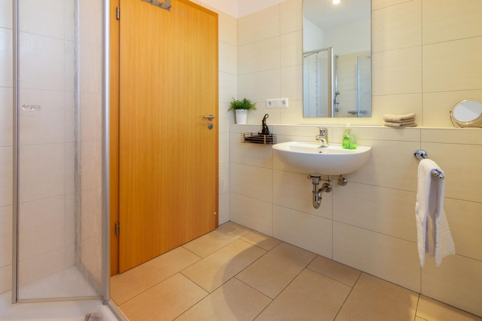 Badezimmer mit Dusche, Waschbecken und Spiegel. Holztür und Handtuchhalter sichtbar.