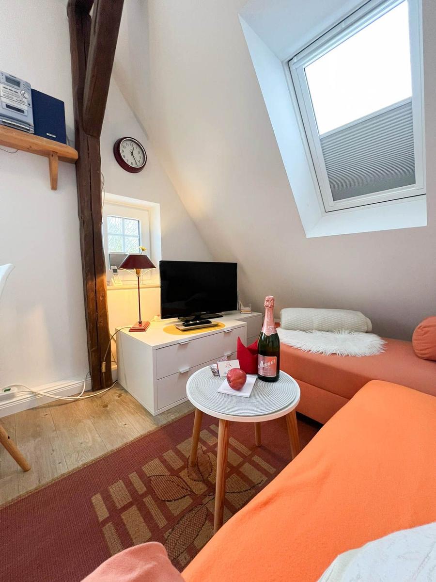 Schlafzimmer mit Dachschräge, Fernseher und orangefarbenem Sofa.