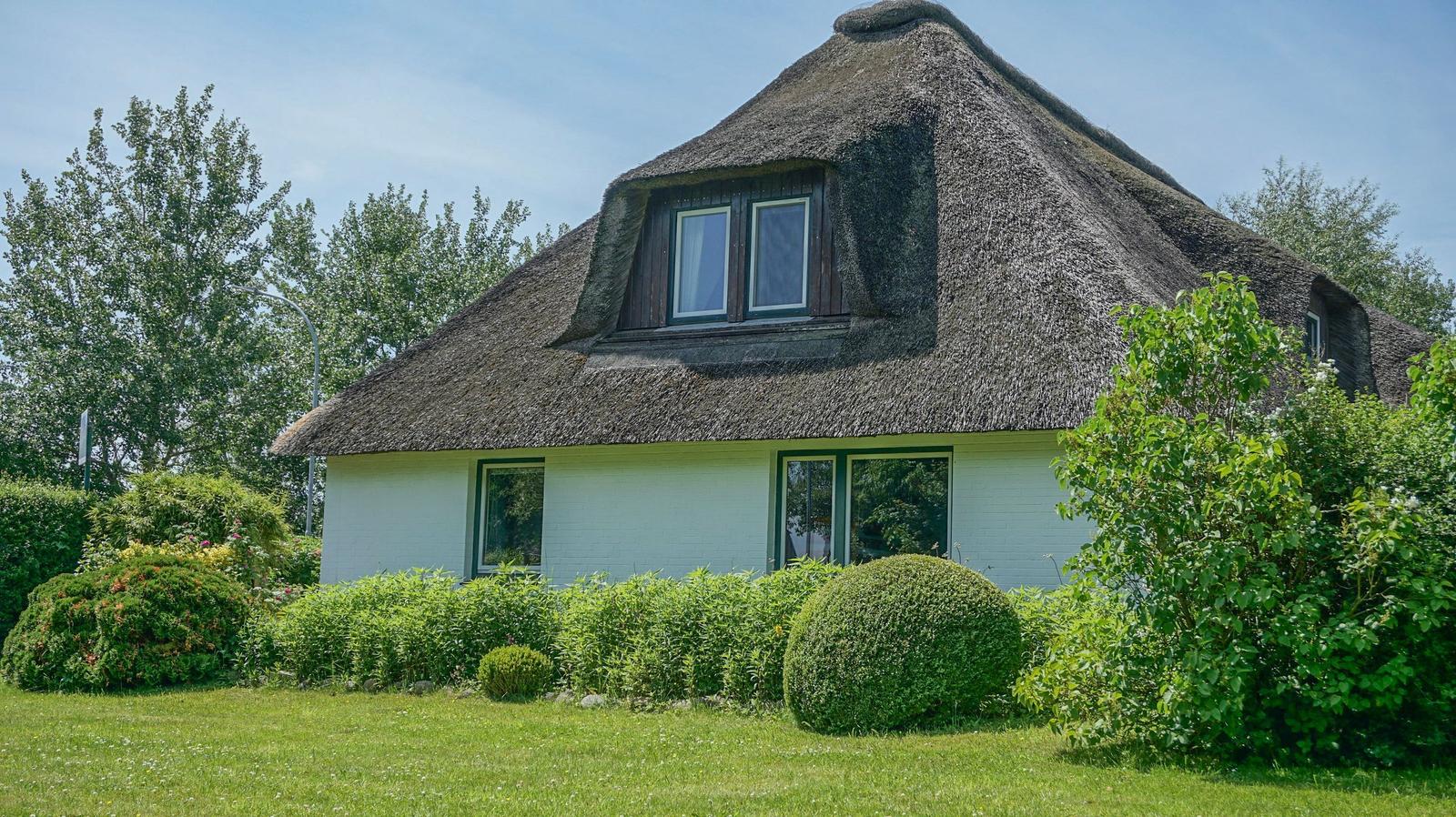 A house with thatched roof, green hedges, and a lawn in front.
