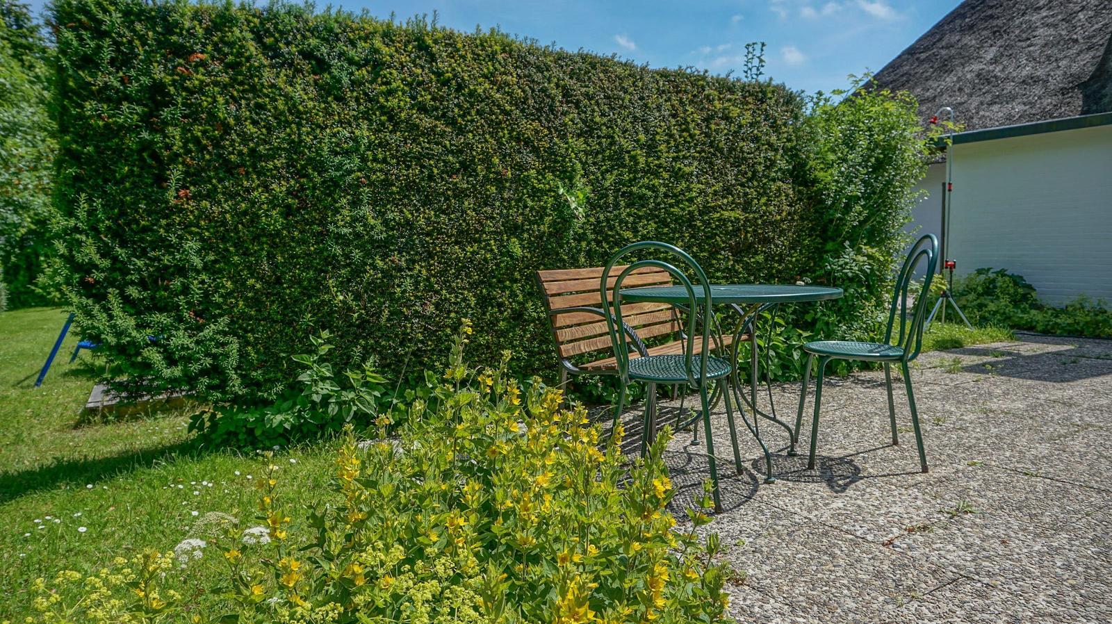 Garden with table, chairs, and hedge. Lawn and flower beds.