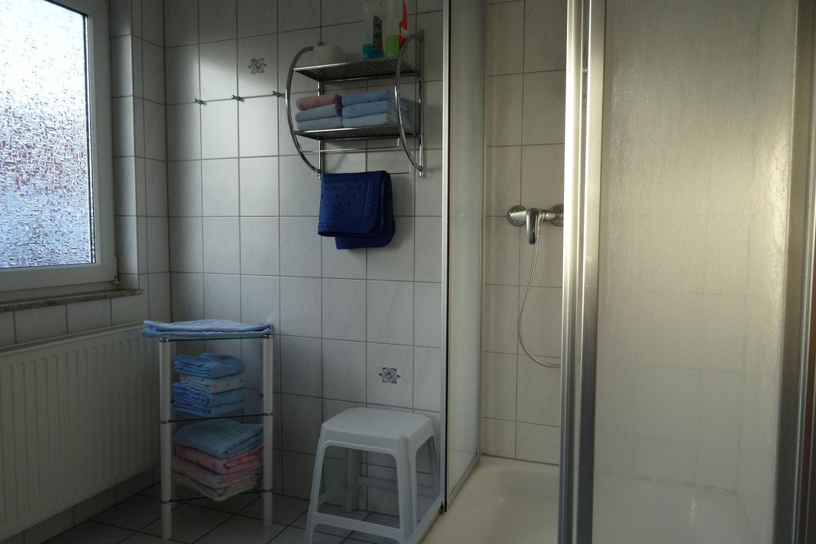 Badezimmer mit Dusche, Handtuchständer und Fenster