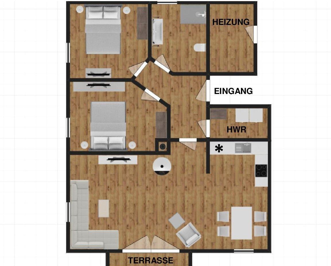 Wohnung mit zwei Schlafzimmern, Küche, Bad und Terrasse. Eingang und Heizung sind ebenfalls vorhanden.