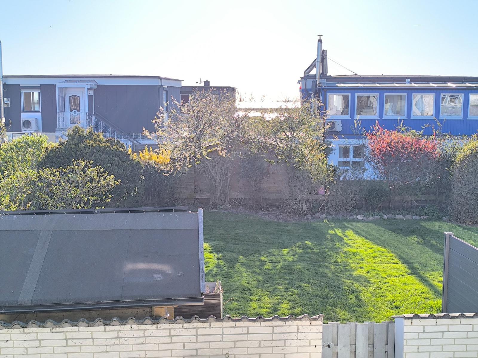 Grüner Garten mit Blick auf zwei Häuser mit Fenstern und Bäumen.