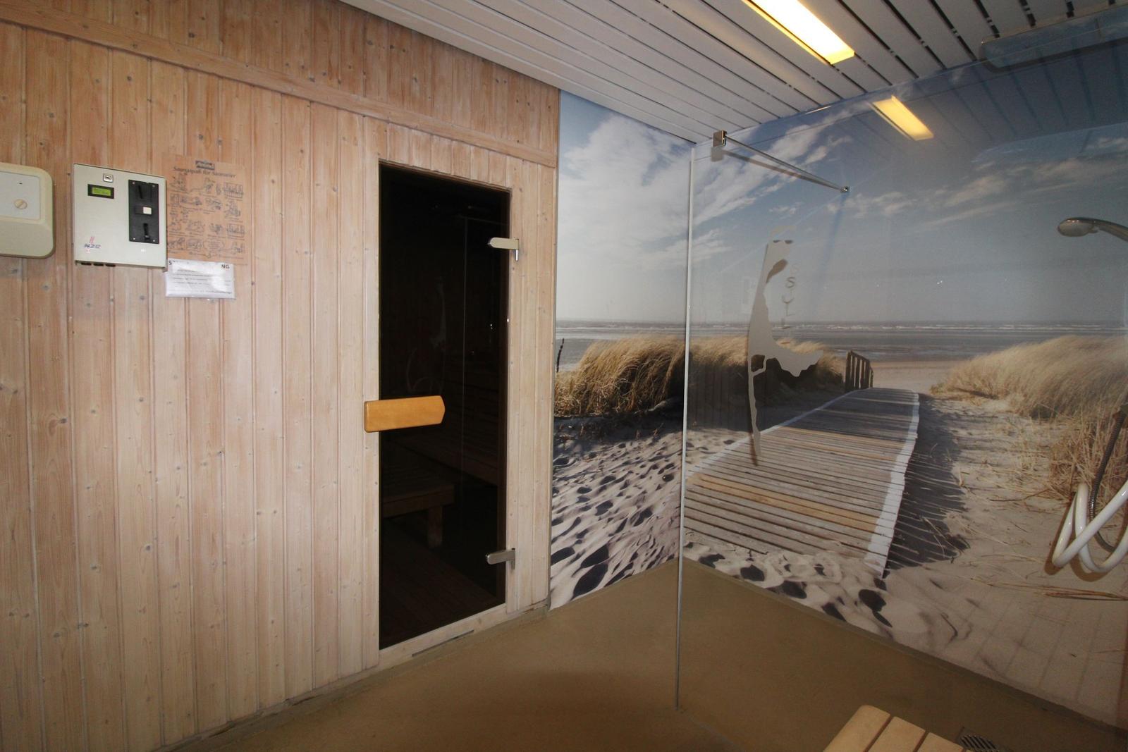 Sauna mit Holzwand und Strandbildwand