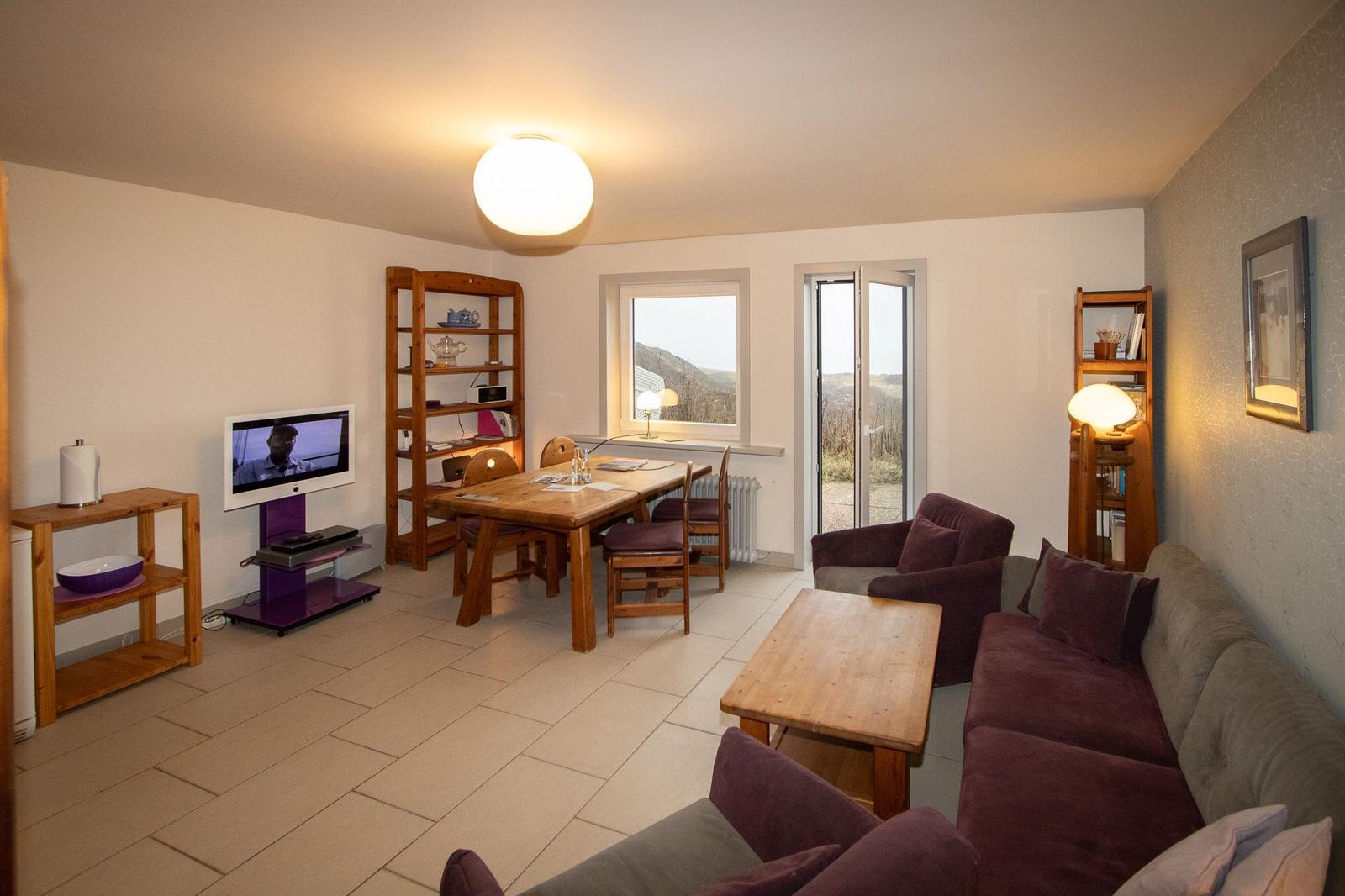 Wohn- und Essbereich mit Sofa, Tisch, Stühlen und TV. Fenster und Tür zeigen Landschaft.