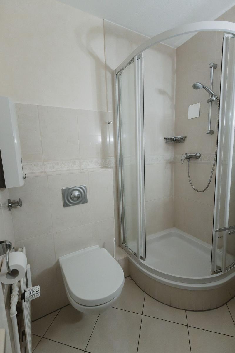 Badezimmer mit Dusche, Toilette und Toilettenpapierhalter.