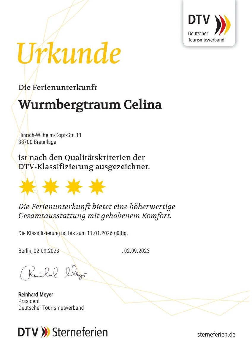 Ferienunterkunft Wurmbergtraum Celina ist DTV-4-Sterne ausgezeichnet.