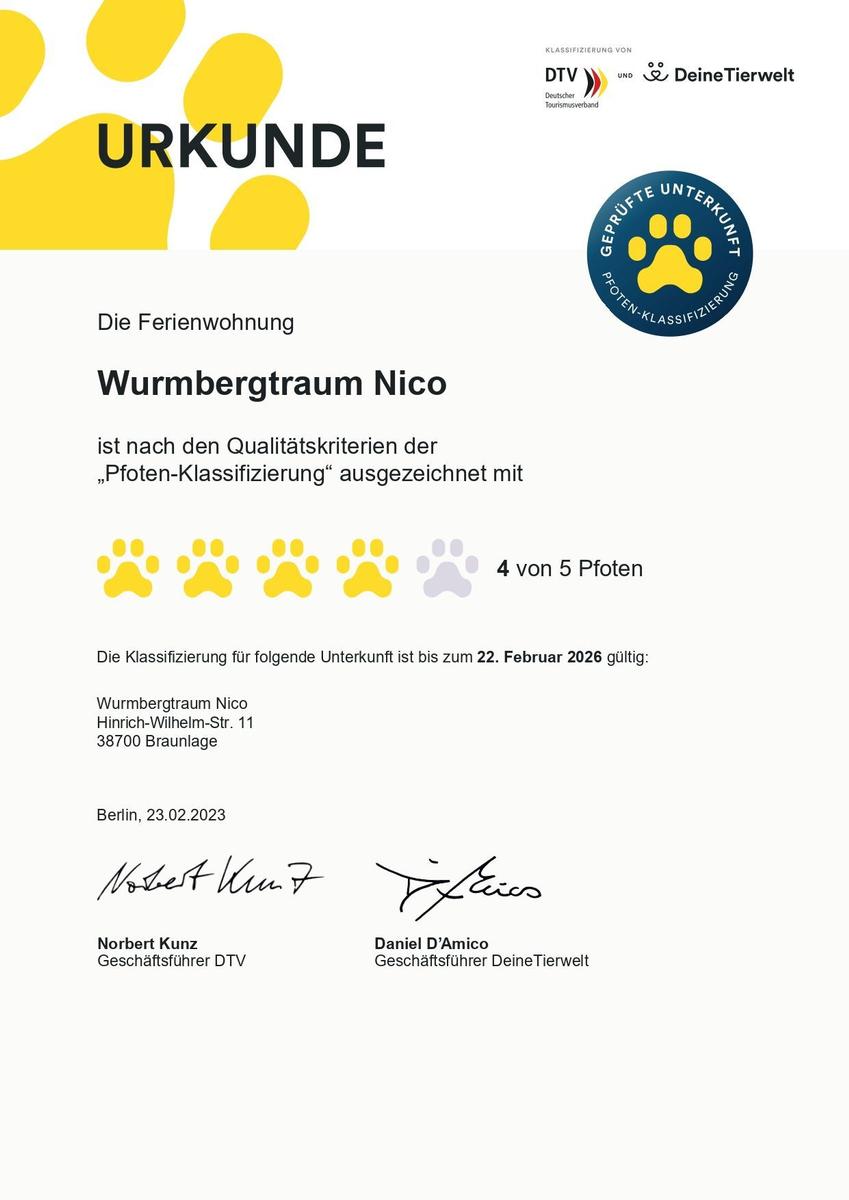 Ferienwohnung Wurmbergtraum Nico mit 4 von 5 Pfoten-Klassifizierung bis 22. Februar 2026.