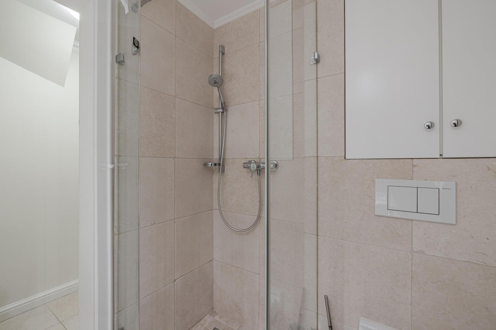Dusche mit Glaswand, Duschbrause und Wandmontage