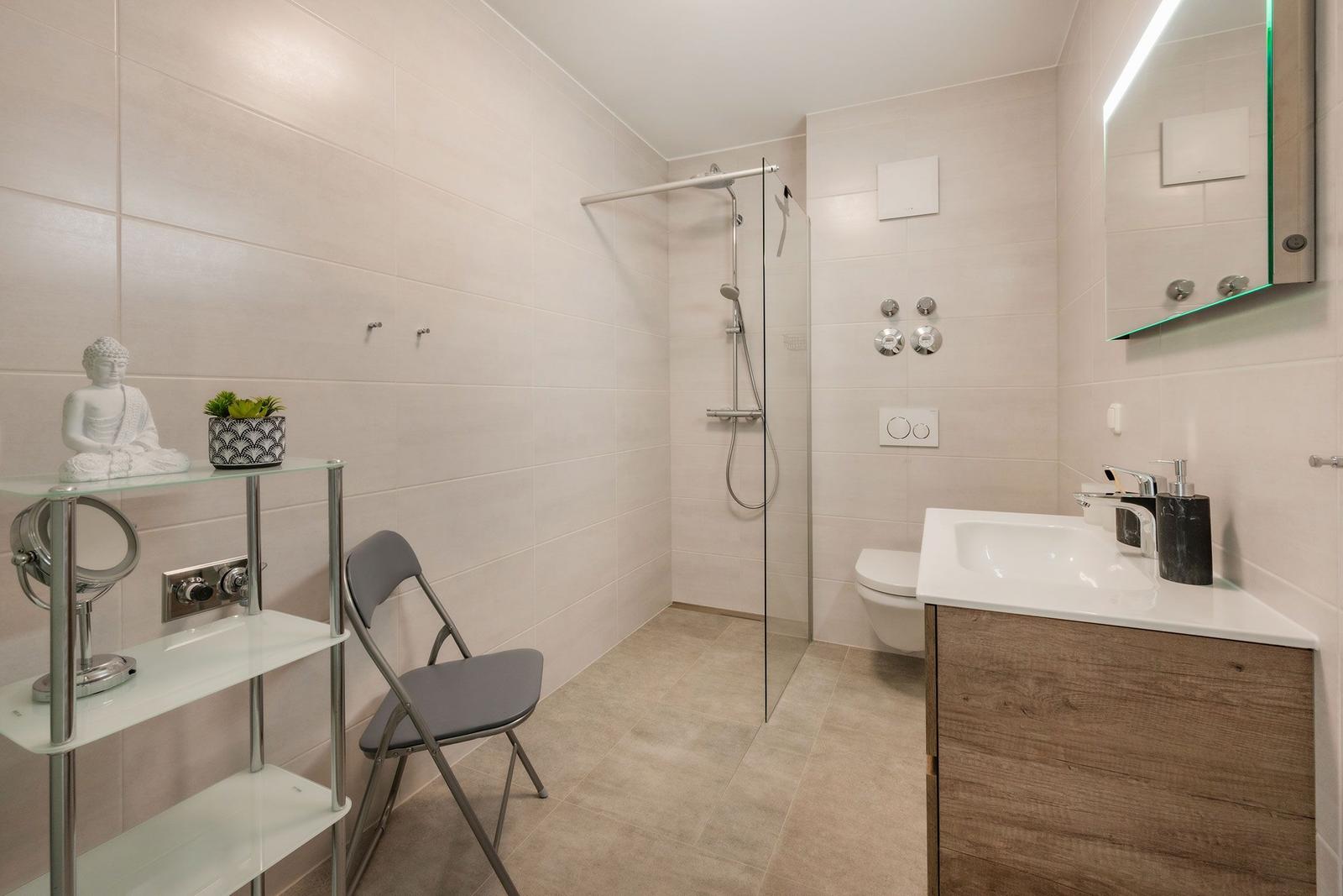 Bathroom with shower, sink, and chair. Glass shelf with Buddha statue and plant.