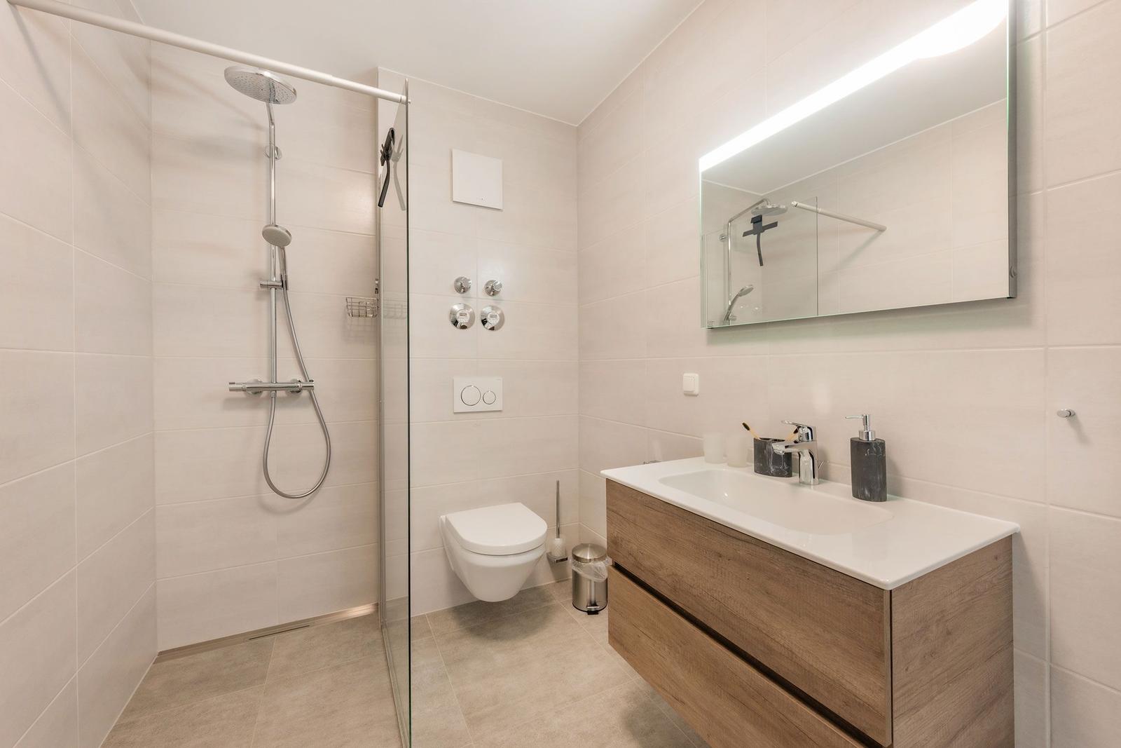 Bathroom with shower, toilet, and sink with mirror.