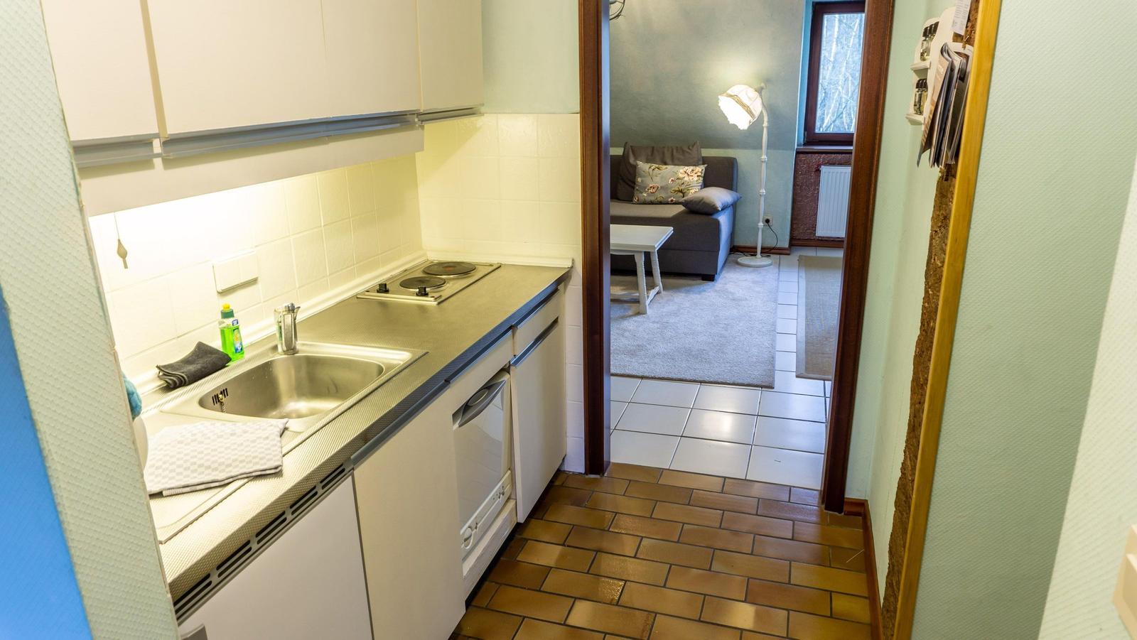 Küche mit Spüle, Herd und Waschmaschine. Durchgang in Wohnzimmer mit Sofa und Stehlampe.