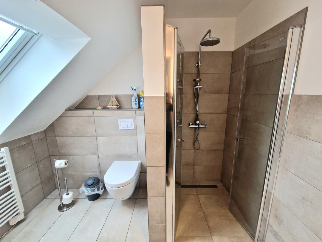 Dusche mit Glaswand, WC und Fenster im Dachbodenbad.