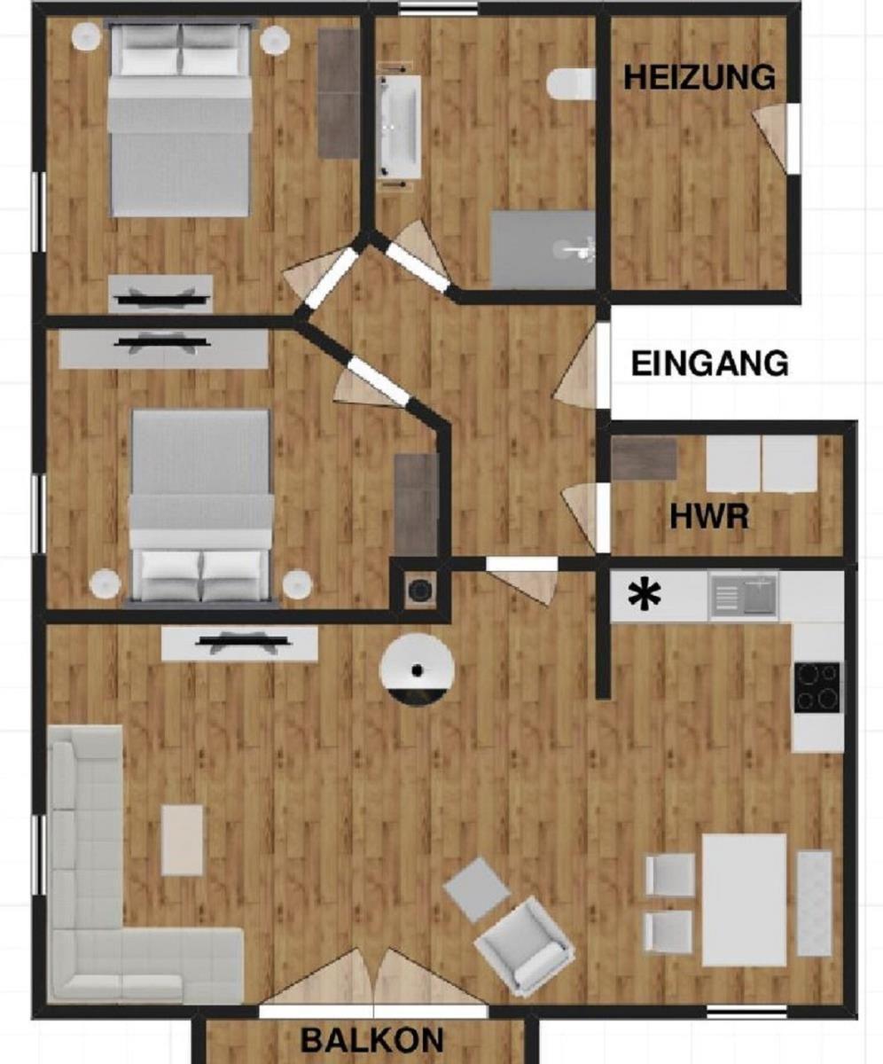 Dieses Haus hat zwei Schlafzimmer, eine Küche, ein Bad und einen Balkon.