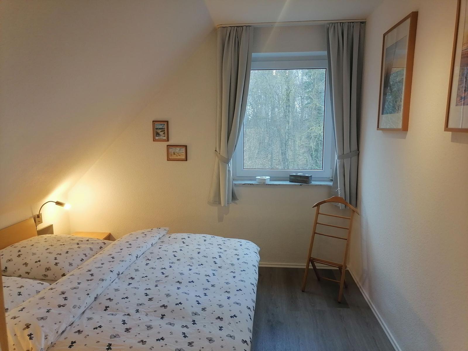 Schlafzimmer mit Doppelbett, Fenster und Kleiderständer