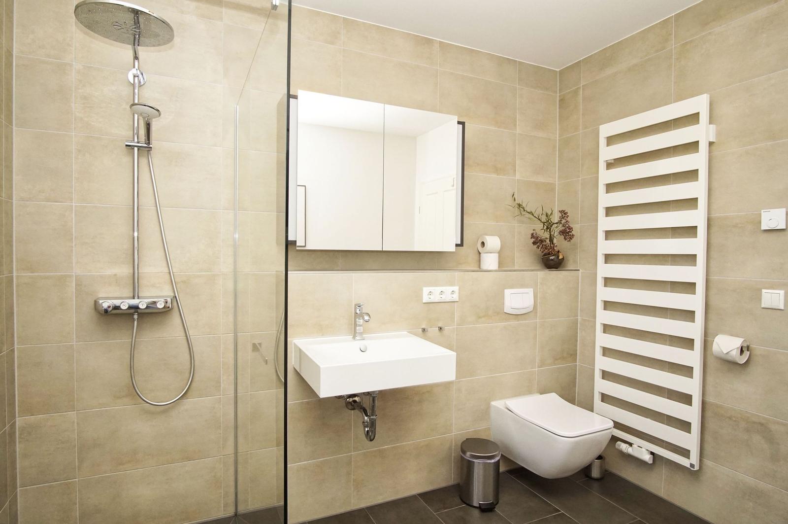 Badezimmer mit Dusche, Waschbecken und Toilette. Weiße Wandheizung und Spiegelschrank.