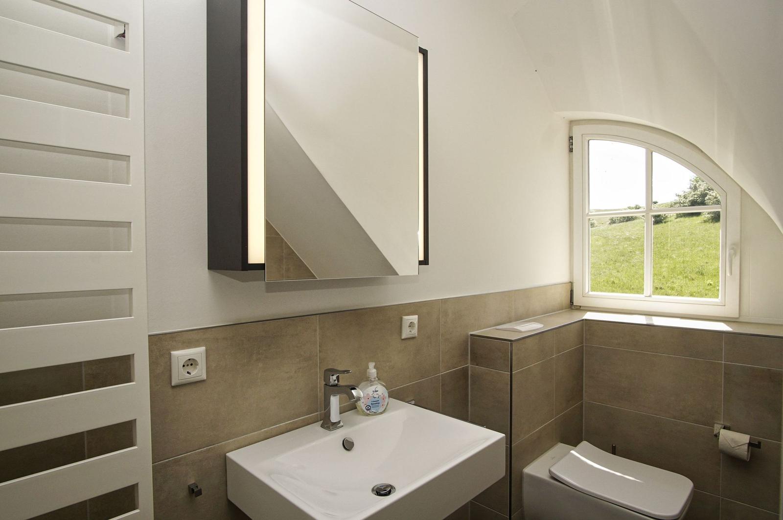 Badezimmer mit Waschbecken, Spiegel und Fenster mit Blick auf Grünfläche.
