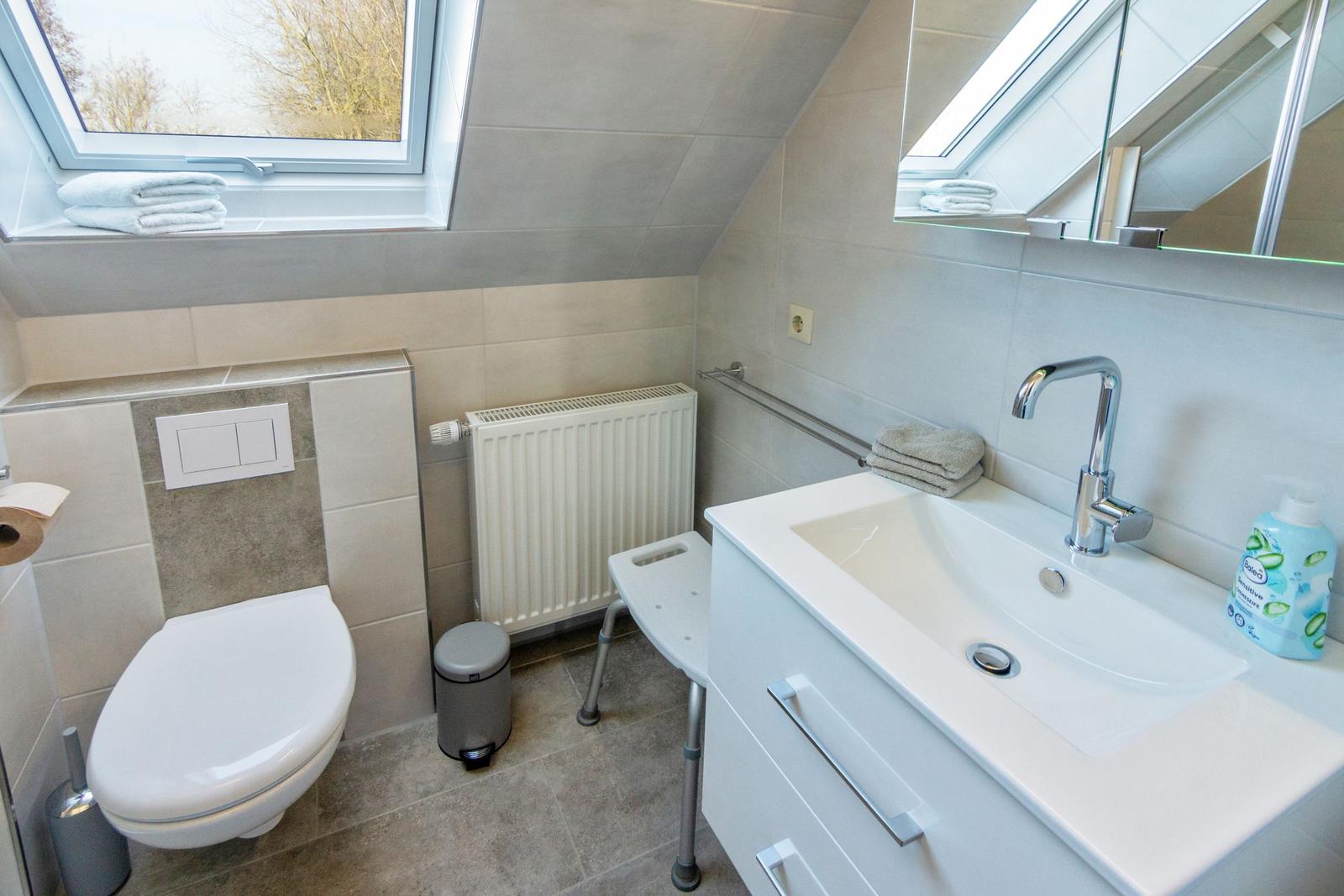 Badezimmer mit Duschbad, Waschbecken und Toilette unter Dachschrägen.