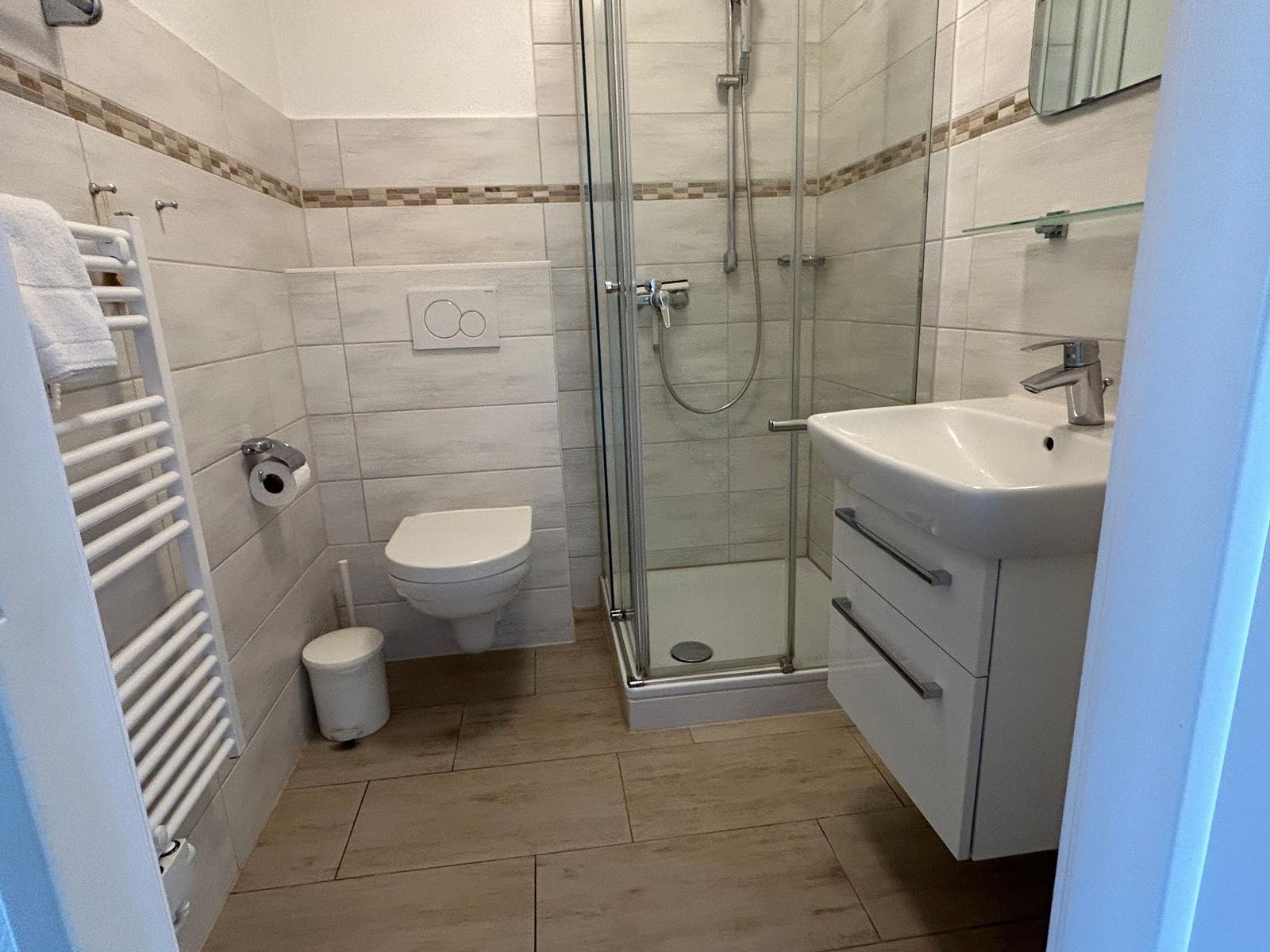 Badezimmer mit Dusche, Waschbecken und Toilette. Fliesen und Holzoptik.