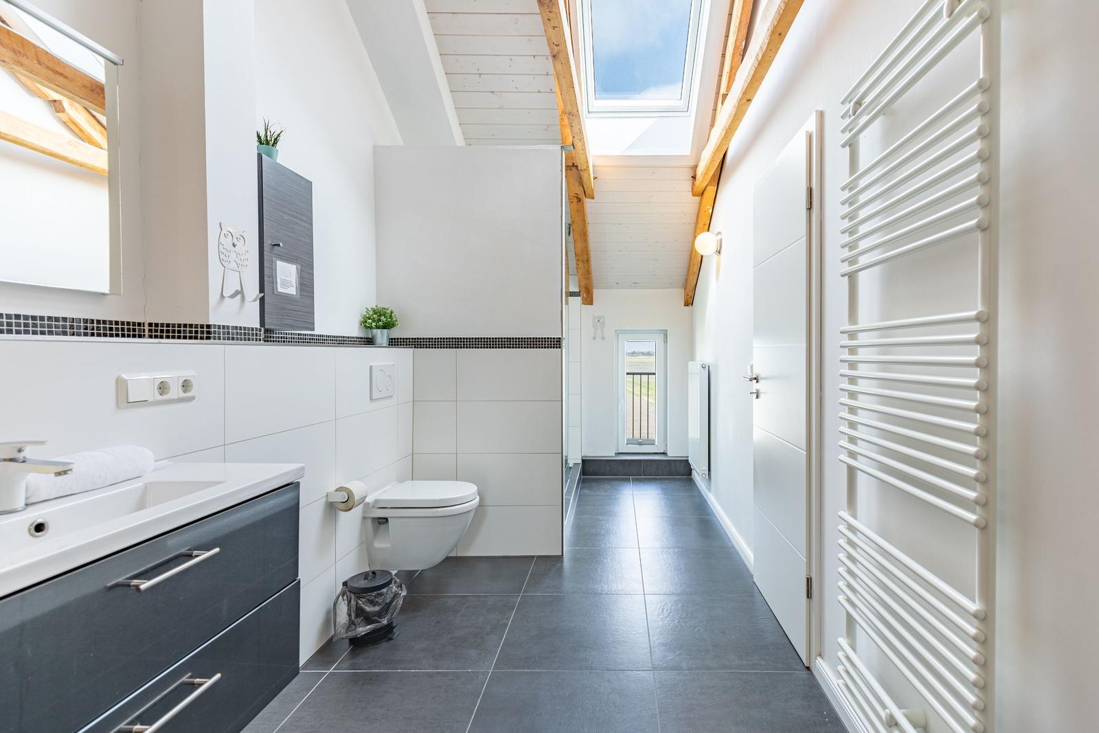 Badezimmer mit Toilette, Waschbecken und Dusche unter Holzbalkendecke mit Dachfenster.